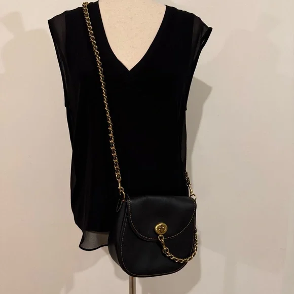 COACH 1941 Turnlock Saddle Crossbody Bag in Black Leather & Metal Braided Strap - Picture 2 of 14